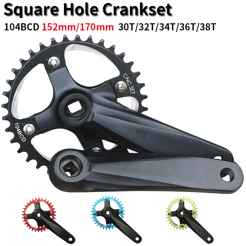 104BCD Fahrradkurbel-Kettenblatt 152/165/170mm Vierkantloch MTB Fahrradkurbelsatz 30T 32T 34T 36T 38T 40T 42T