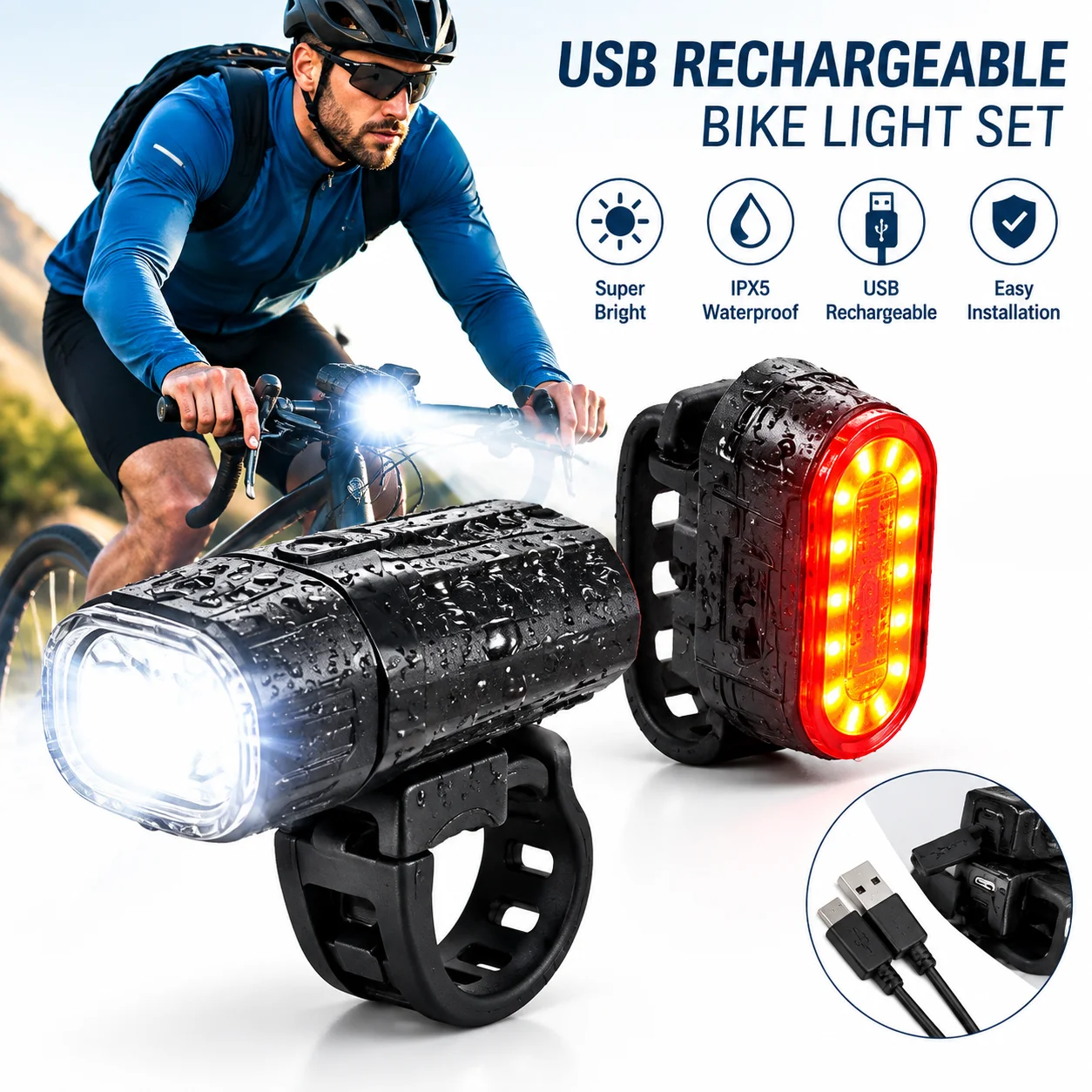 USB-Aufladbares Fahrrad-Vorder- und Rücklicht-Set, Vorder- und Rücklicht, MTB, Wasserdichtes Fahrradzubehör