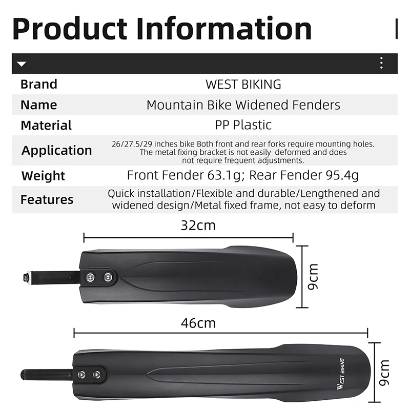 WEST RADFAHREN Fahrrad Kotflügel Splash Fender Schutz Set Mtb Fahrrad – Image 6