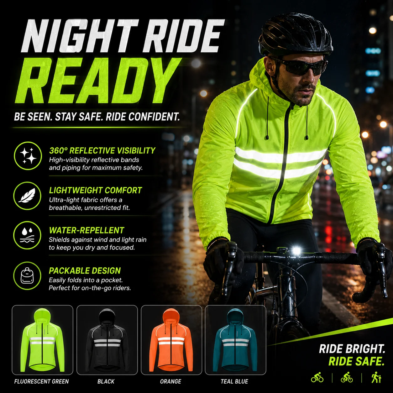 Herren Fahrradjacke Reflektierend mit Kapuze Winddicht Wasserabweisend Fahrrad-Windbreaker Leichte Packbare
