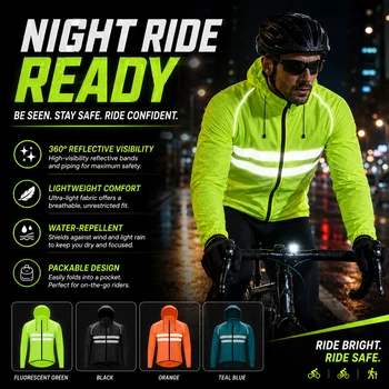 Herren Fahrradjacke Reflektierend mit Kapuze Winddicht Wasserabweisend Fahrrad-Windbreaker Leichte Packbare