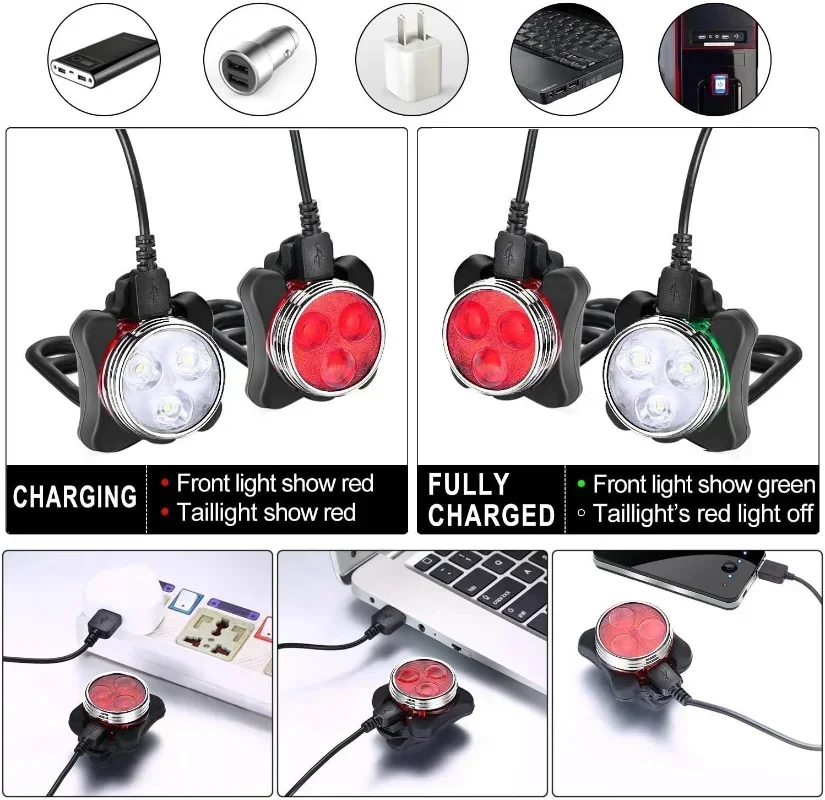 USB Lade Fahrrad Licht Set LED Kopf Vordere Lampe Hinten Rücklicht – Bild 3