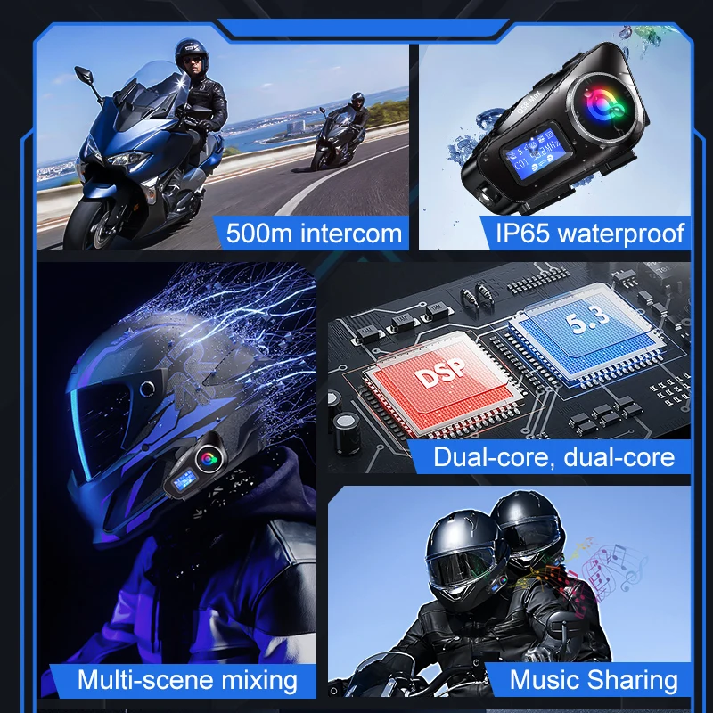 Bluetooth 5,3 Motorrad Helm Headset Intercom LCD-Display 500m Inter – Immagine 6