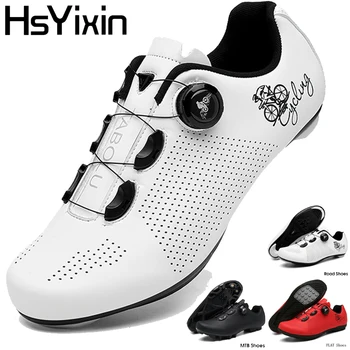 Rennradschuhe für Herren und Damen, Selbstverriegelnde Speed-Fahrradschuhe mit SPD-Klammern, Flacher Sohle