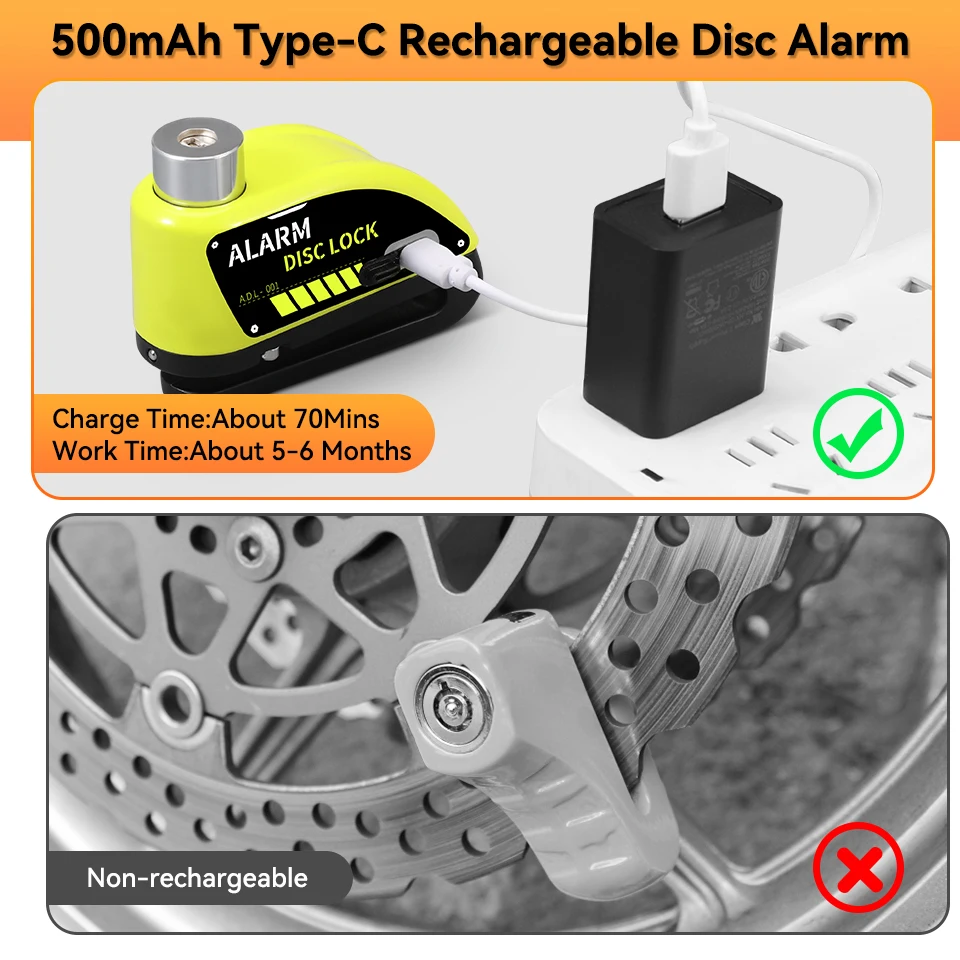 Fahrrad Motorrad Alarm Scheibenbremse Sperre 120dB Wiederaufladbare – Immagine 5