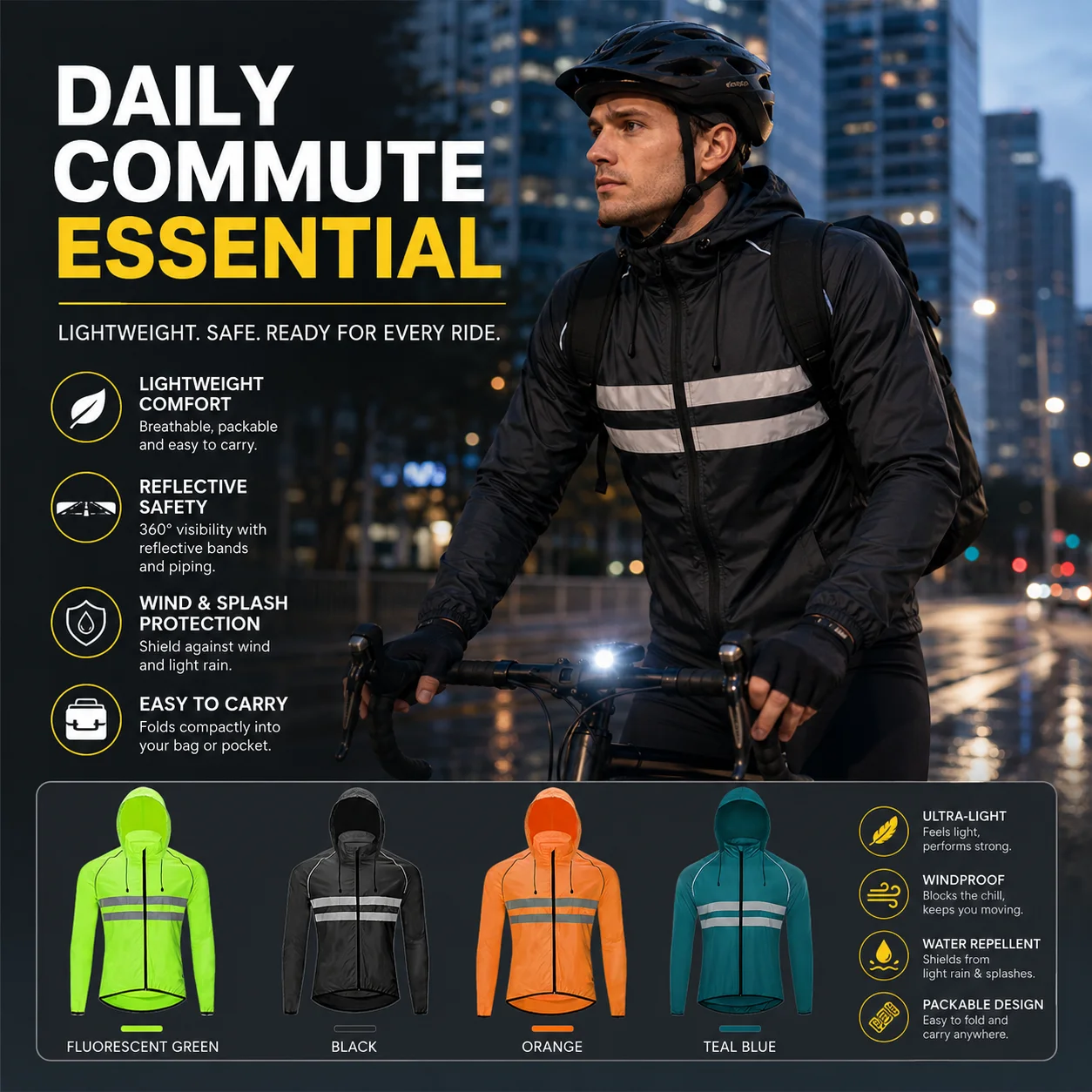 Herren Fahrradjacke Reflektierend mit Kapuze Winddicht Wasserabweisend – Image 5