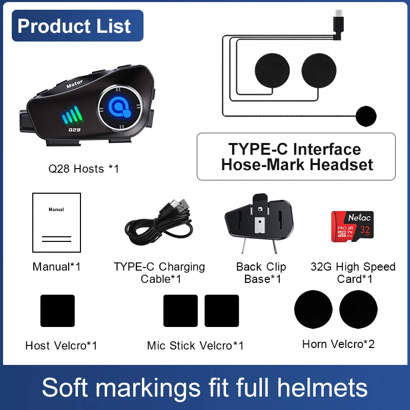 Q28 Motorradhelm Bluetooth-Intercom RGB-Licht Moto-Helm-Headset Freisprechfunktion Wasserdichtes FM-Radio