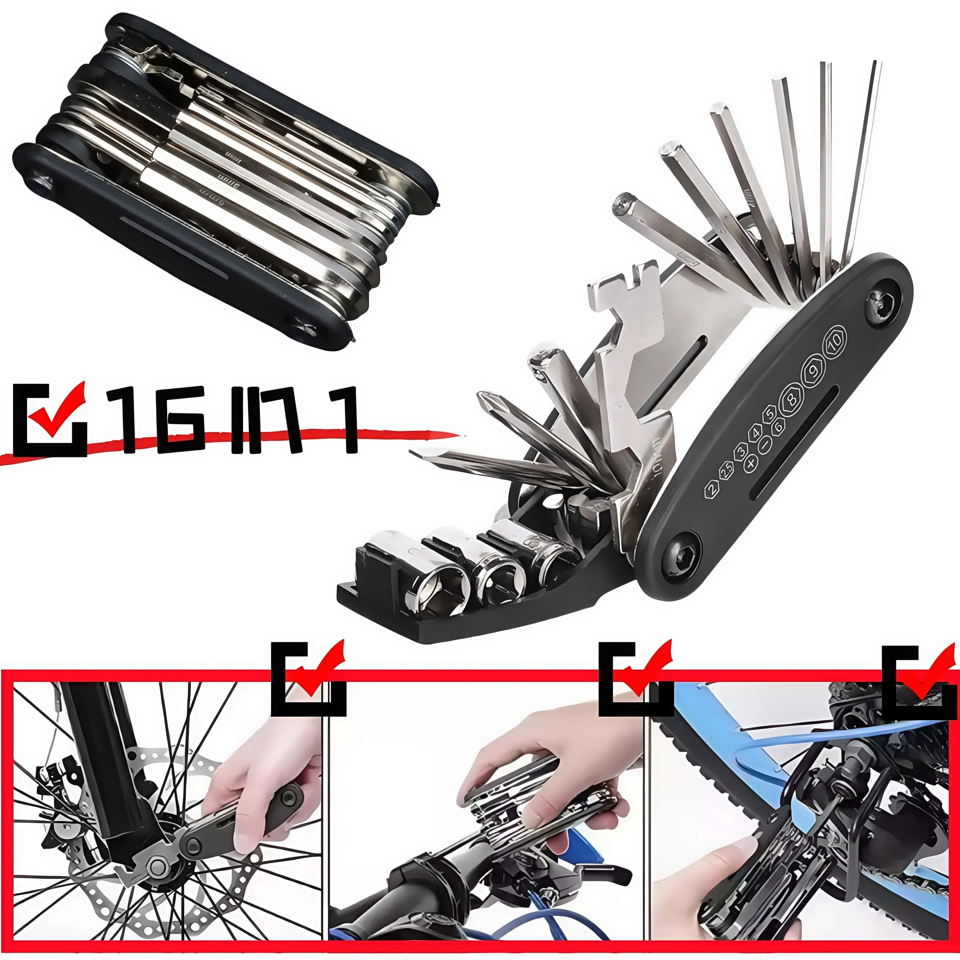 16-in-1-Fahrrad-Multitool-Set, tragbares Fahrrad-Reparatur-Werkzeug-Set, inklusive Inbusschlüssel