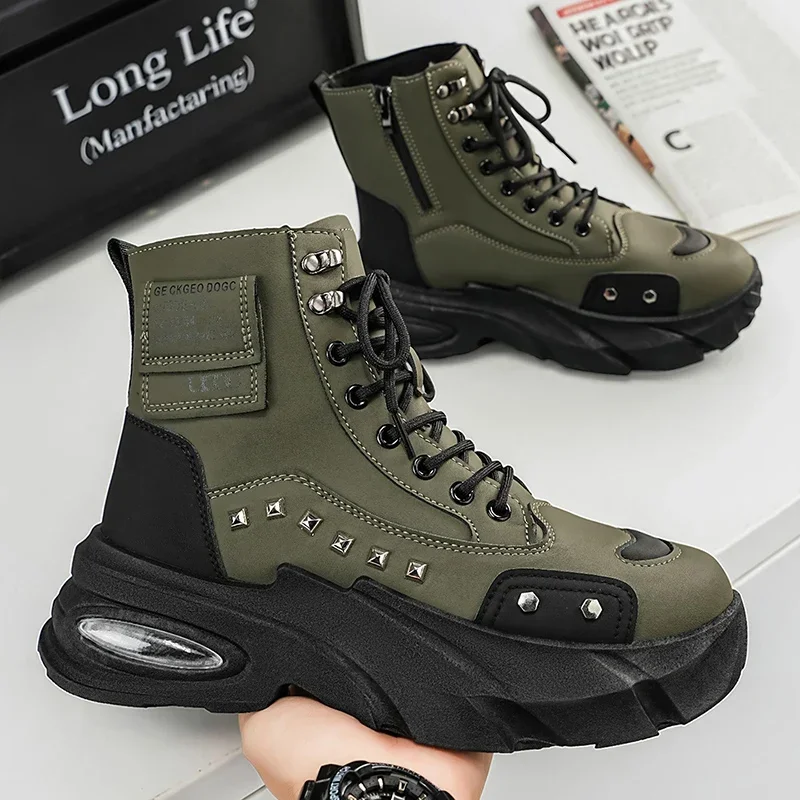 Motorradstiefel für Herren, Leder-Freizeitschuhe, Dicksohlige, Höhenerhöhende Kurzstiefel, Herrenschuhe