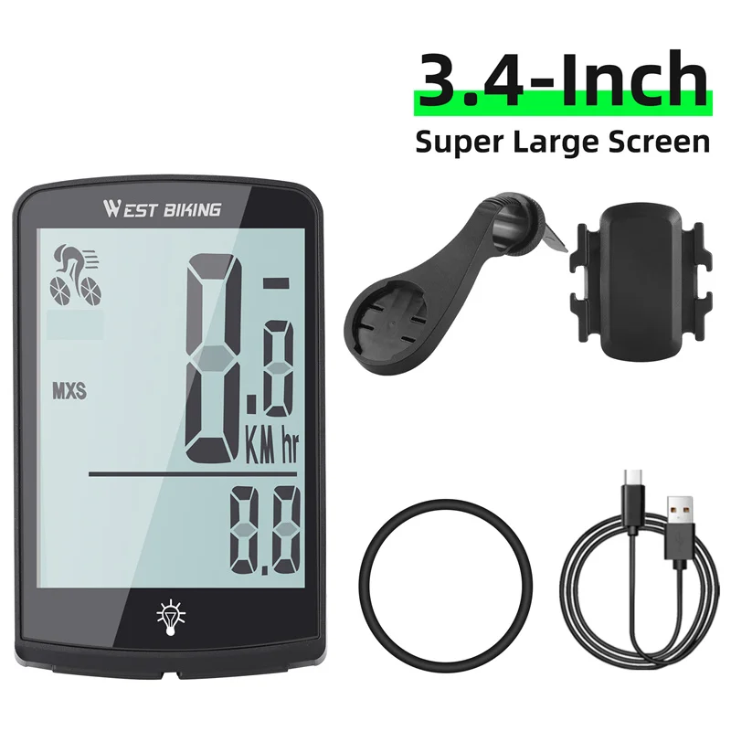 West Biking Wireless Cycling Computer 3,4 Zoll IP64 wasserdicht Fahrrad Tacho USB Ladegerät Fahrrad