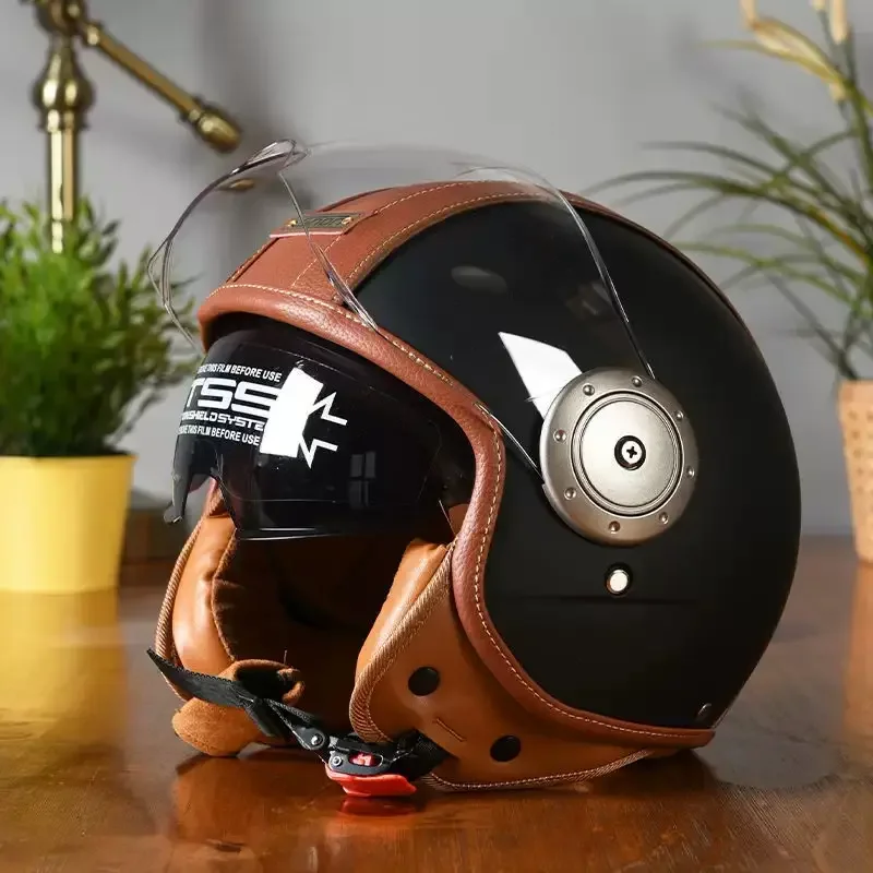 Vintage Leder-Motorradhelm mit Doppelvisier Motorrad-Fahrhelm 3/4 – Bild 4