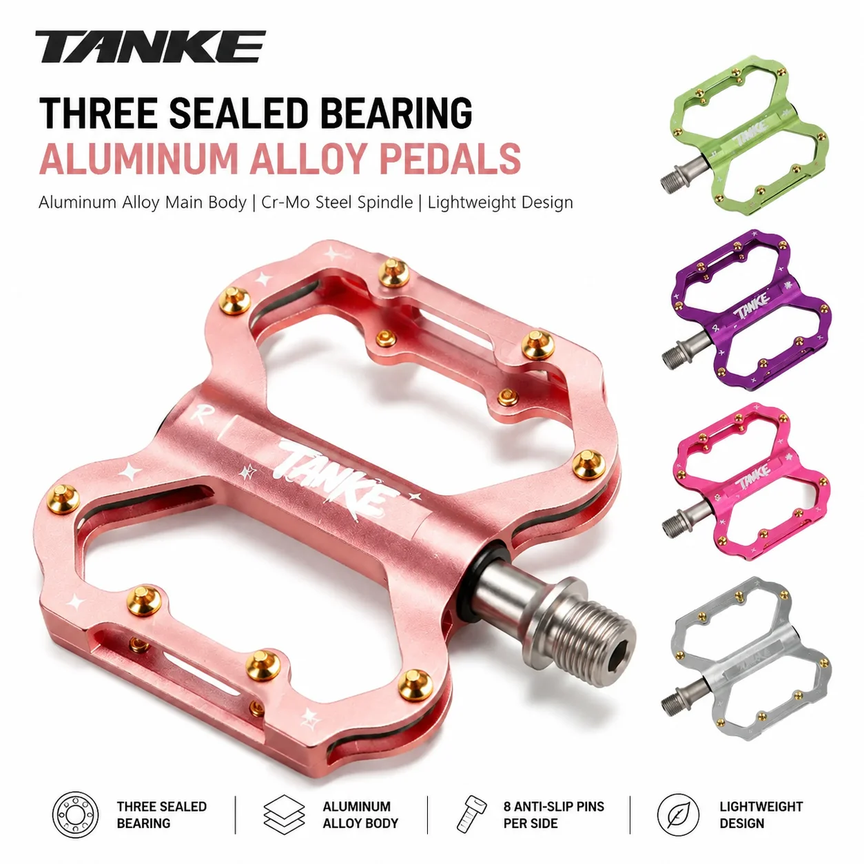 TANKE MTB Fahrradpedale Aluminiumlegierung 3 gedichtete Lager Flache Plattformpedale 8 rutschfeste Stifte
