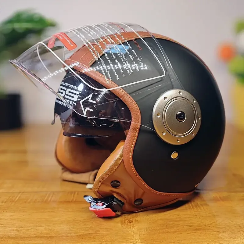Vintage Leder-Motorradhelm mit Doppelvisier Motorrad-Fahrhelm 3/4 Offener Halbhelm mit Innenvisier Retro Casco