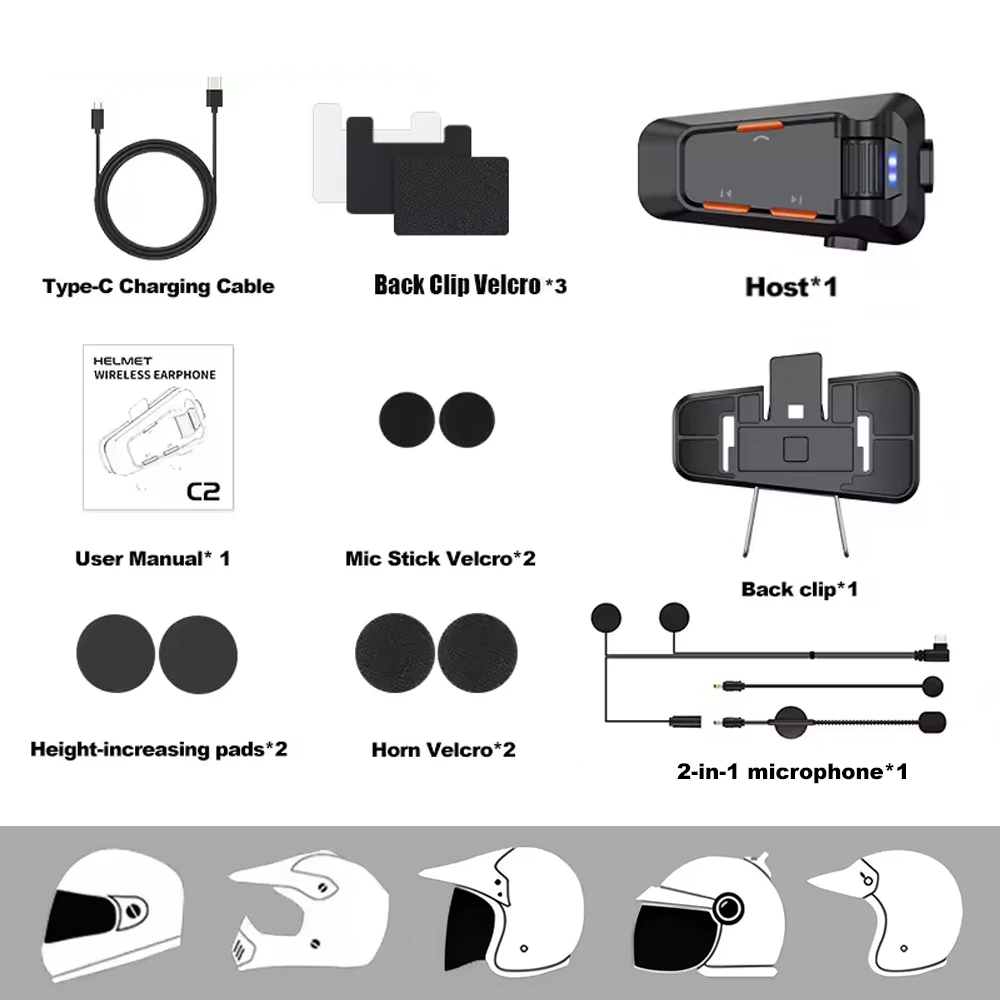 C2 Motorrad-Intercom Bluetooth-Helm-Headsets für 2-6 Fahrer, wasserdicht, intelligente Geräuschunterdrückung