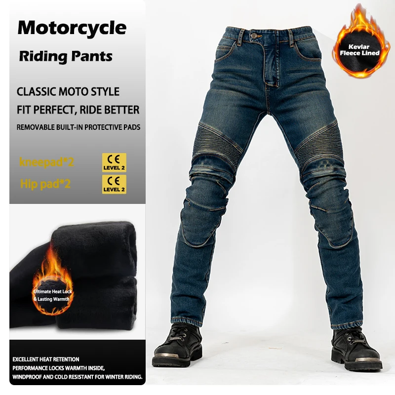 Kevlar-Motorradjeans für Herren und Damen, Fleece-Gefüttert, Verdickt, Winddicht, Sturzfest, Wärmeisolierende