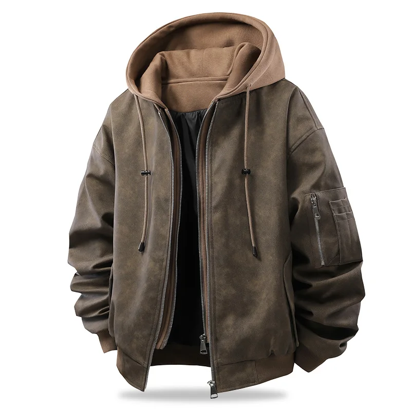 Herren Motorradjacke mit Kapuze Winter Bomberjacke Lederjacken Vintage Chaqueta Motorradjacke Herren Casual