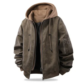 Herren Motorradjacke mit Kapuze Winter Bomberjacke Lederjacken Vintage Chaqueta Motorradjacke Herren Casual