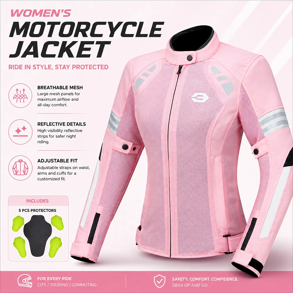 Sommer-Motorradjacke aus atmungsaktivem Mesh-Textil, verstellbare Passform mit herausnehmbaren Protektoren