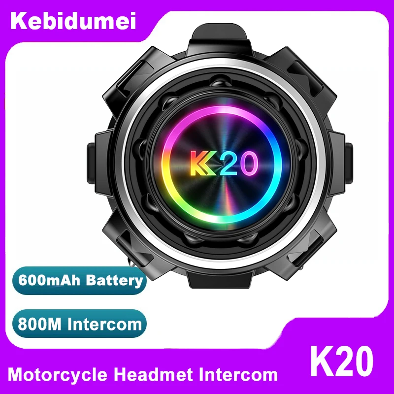 K20 Motorradhelm Bluetooth Intercom Headset 800M 2-Personen-Intercom 600mAh IP65 Wasserdicht Farbiges RGB