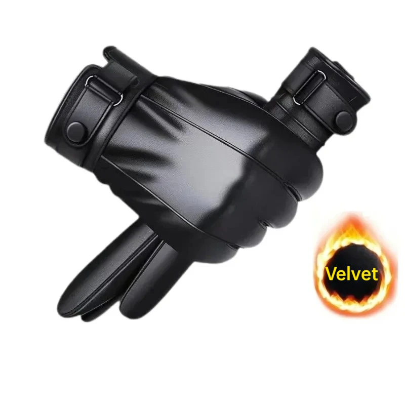 Winterhandschuhe für Herren, echtes Leder, warm, plus Samt, Touchscreen-Handschuhe, Outdoor, Radfahren