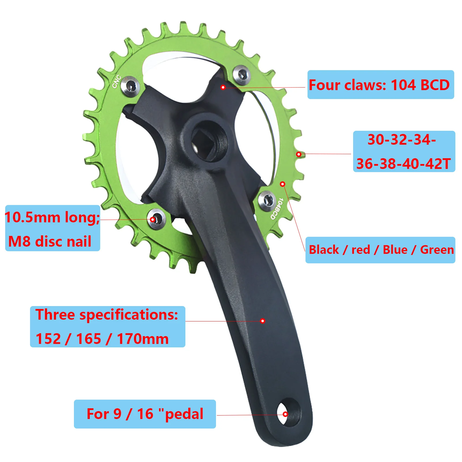 Fahrrad Vierkantloch Kettenrad 104BCD 152mm/165mm/170mm Kurbelarme – Bild 3