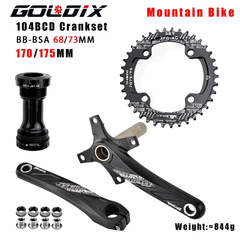 GOLDIX Fahrradkurbel Kettenblatt 104BCD MTB Fahrradkurbel Aluminiumlegierung mit Boden 170 mm Kurbel Schwarz