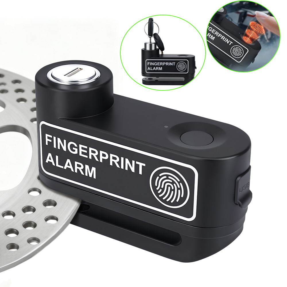 Motorrad-Alarm, Fingerabdruck-Entriegelung, Scheibenbremsschloss mit Schlüsseln, wiederaufladbares