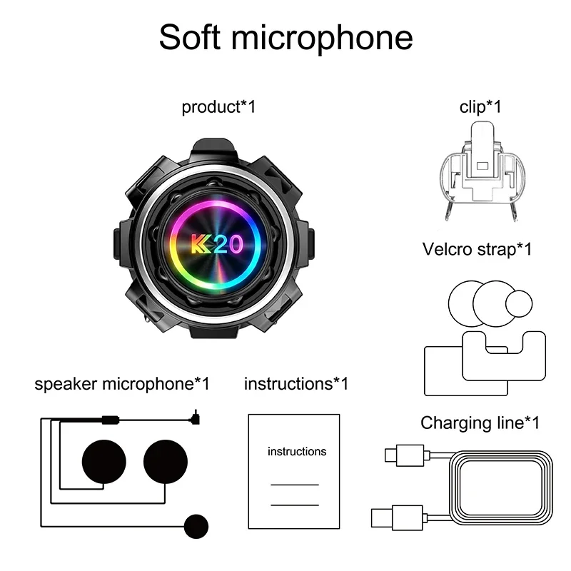 K20 Motorradhelm Bluetooth Intercom Headset 800M 2-Personen-Intercom 600mAh IP65 Wasserdicht Farbiges RGB