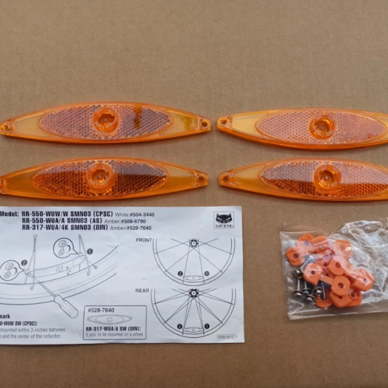 Set Japanische Fahrrad-Speichenreflektoren, Felgen-Reflektoren, Reflektierende Halterungen, Orange (4 Stück)