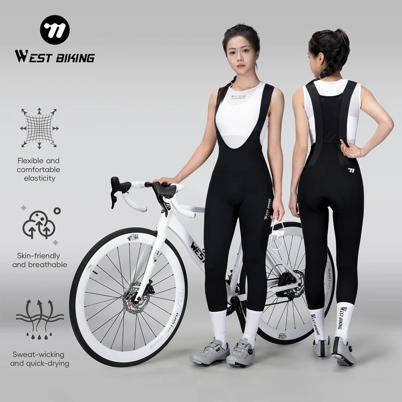 WEST BIKING Damen-Trägerhose mit Hoher Taille, Lange Rennradhose mit Polsterung für Lange Fahrten