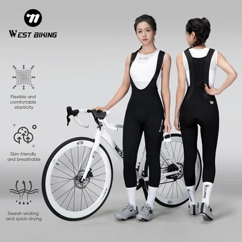 WEST BIKING Damen-Trägerhose mit Hoher Taille, Lange Rennradhose mit Polsterung für Lange Fahrten