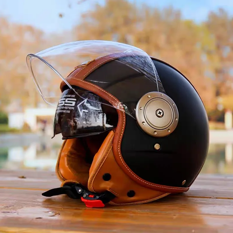 Vintage Leder-Motorradhelm mit Doppelvisier Motorrad-Fahrhelm 3/4 – Bild 6