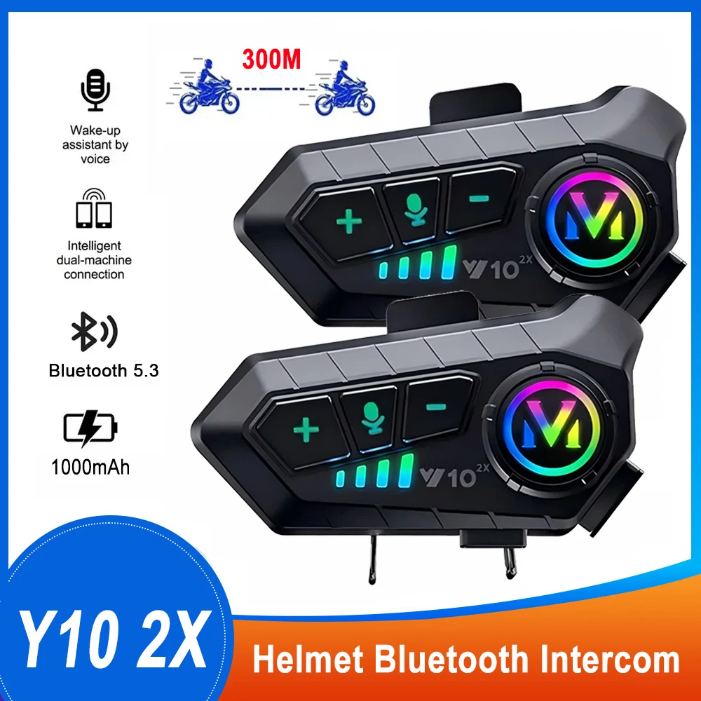1/2x Y10 2X Motorradhelm-Intercom Bluetooth 5.3 Motorradhelm-Headset Wasserdicht 300m Intercomunicador