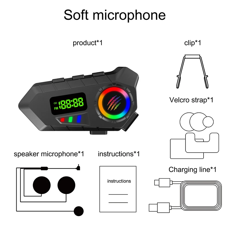 Motorradhelm-Headset Bluetooth 6.0 FM-Radio Wasserdichtes LCD-Display Kommunikationssystem für Motorradfahrer