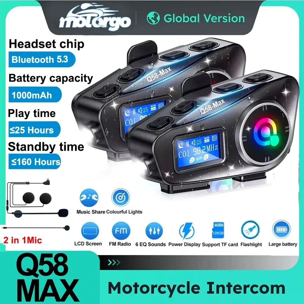 Motorradhelm-Gegensprechanlage, Bluetooth 5.3, LCD-Display-Headset für 2 Fahrer mit Musikfreigabe