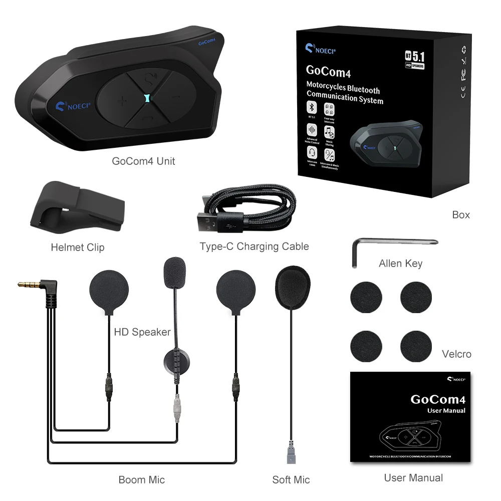 NOECI GOCOM4 Motorrad-Gegensprechanlage, Helm, Bluetooth-Headset, Musik-Sharing BT5.1-Gegensprechanlage für 4