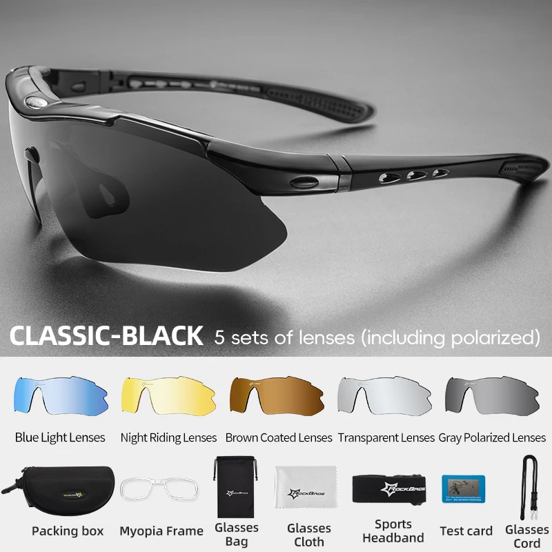 ROCKBROS Polarisierte Fahrradbrille, Sport-Sonnenbrille für MTB und Rennrad, PC-Brille mit 5/3 Gläsern