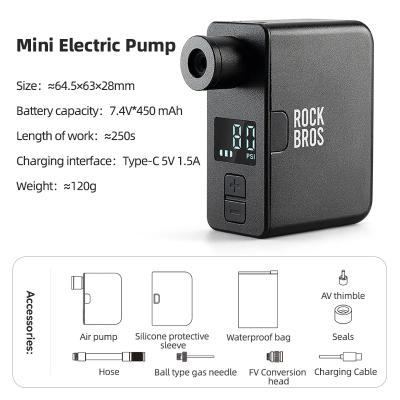ROCKBROS Fahrradpumpe, tragbare Mini-elektrische Luftpumpe, Handheld, 120 PSI, wiederaufladbar, Reifenfüller