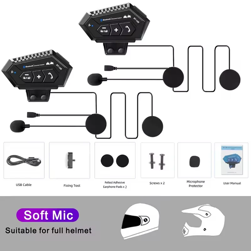 BT12B 2 Stück Motorradhelm-Intercom-Headset 500M 1000mAh Wasserdichtes Stereo Bluetooth Kabelloses