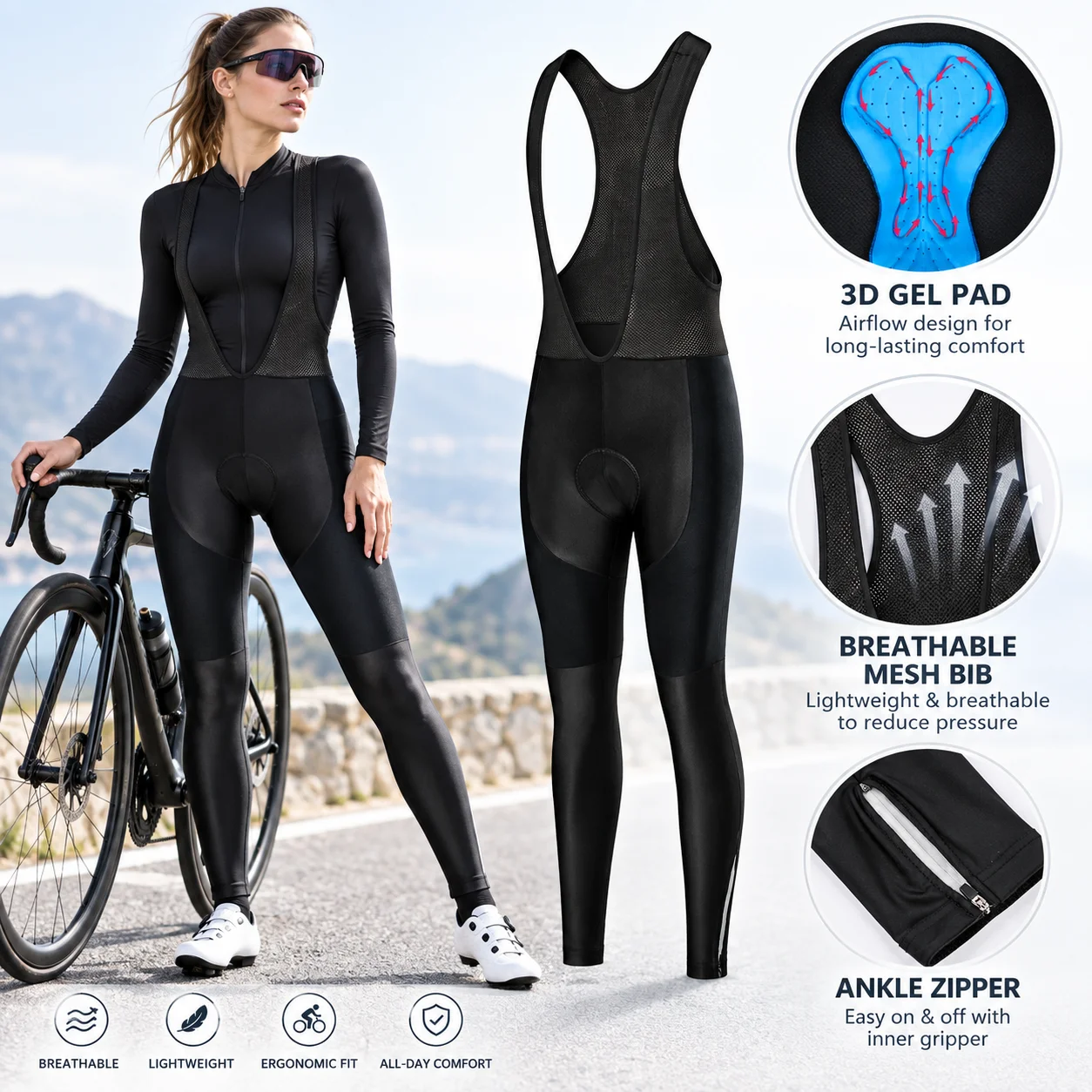 Damen-Radhose mit Träger, 3D-Gel-Polsterung, schnelltrocknend, atmungsaktiv, MTB- und Rennradhose