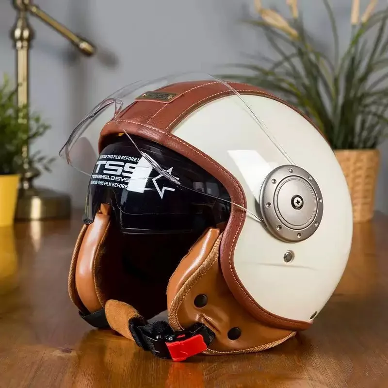 Vintage Leder-Motorradhelm mit Doppelvisier Motorrad-Fahrhelm 3/4 Offener Halbhelm mit Innenvisier Retro Casco
