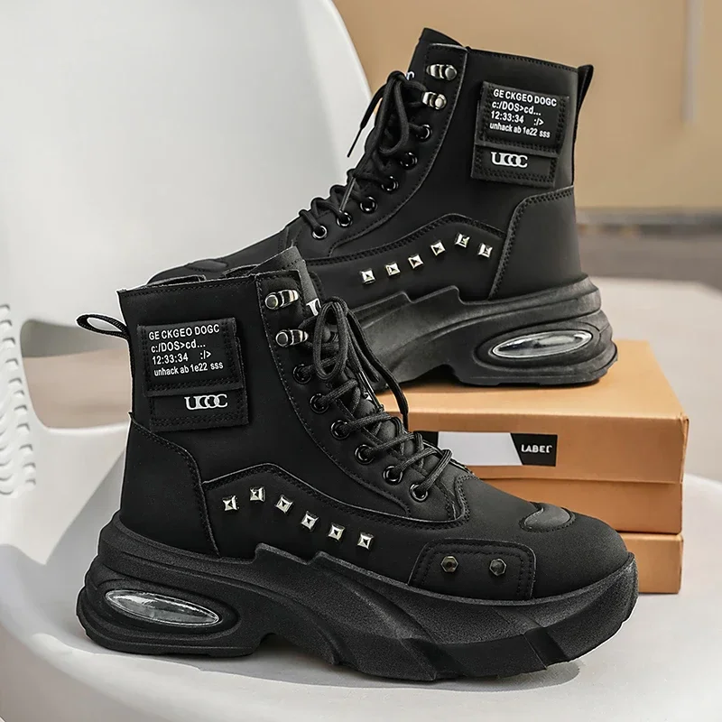 Motorradstiefel für Herren, Leder-Freizeitschuhe, Dicksohlige, Höhenerhöhende Kurzstiefel, Herrenschuhe