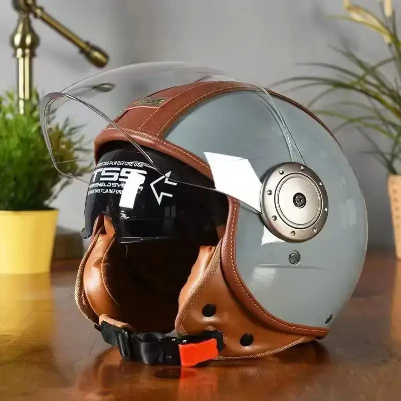 Vintage Leder-Motorradhelm mit Doppelvisier Motorrad-Fahrhelm 3/4 – Bild 3