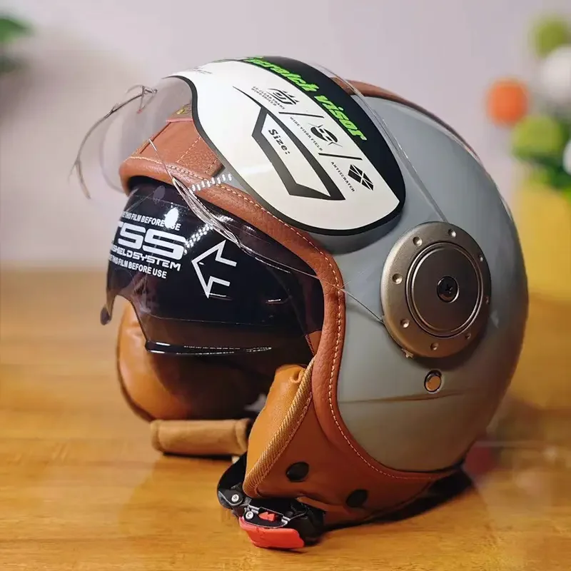 Vintage Leder-Motorradhelm mit Doppelvisier Motorrad-Fahrhelm 3/4 – Bild 5