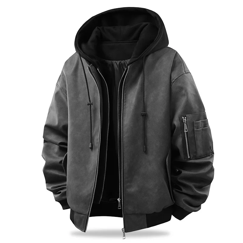 Herren Motorradjacke mit Kapuze Winter Bomberjacke Lederjacken Vintage – Immagine 3