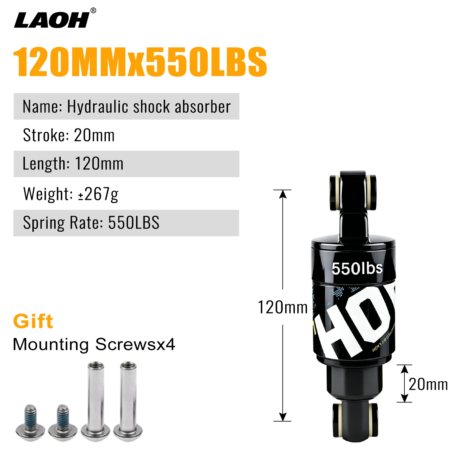 LAOH Fahrrad-Hydraulik-Stoßdämpfer 550/750/1000LBS Mountainbike-Hinterbaudämpfer 120-200mm MTB
