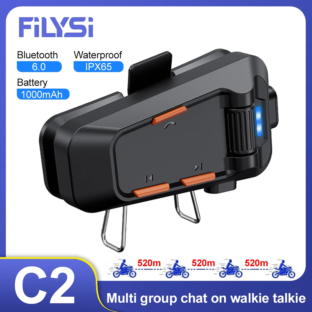 C2 Motorrad-Intercom Bluetooth-Helm-Headsets für 2-6 Fahrer, wasserdicht, intelligente Geräuschunterdrückung