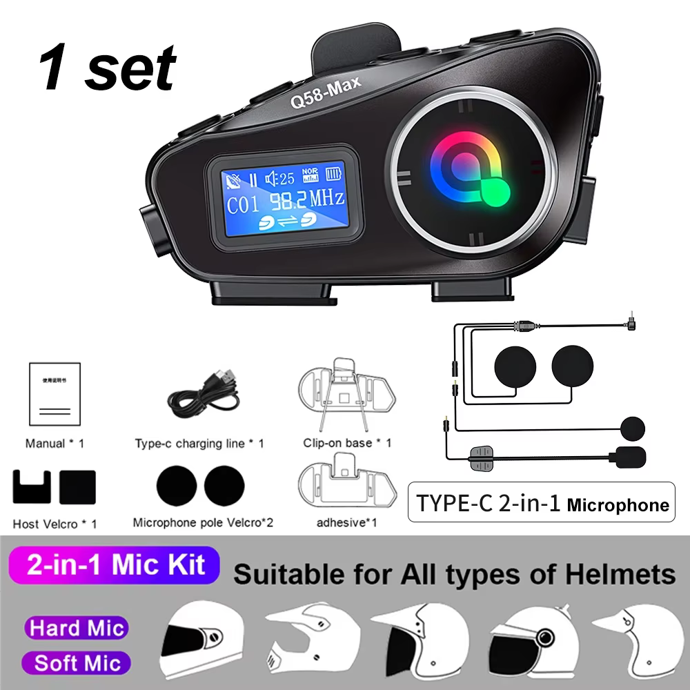 Motorradhelm-Gegensprechanlage, Bluetooth 5.3, LCD-Display-Headset für 2 Fahrer mit Musikfreigabe